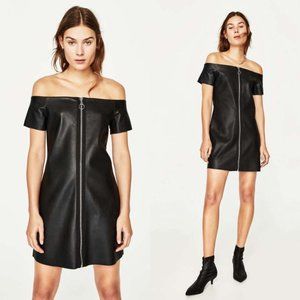 Zara Faux Vegan Leather Front Zip Black Dress NWT
